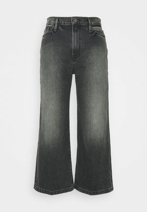 Weite schwarze Denim-Jeans mit einem verblassten Finish, hoher Taille und klassischem Fünf-Taschen-Design. Mit Knopfverschluss und Gürtelschlaufen.