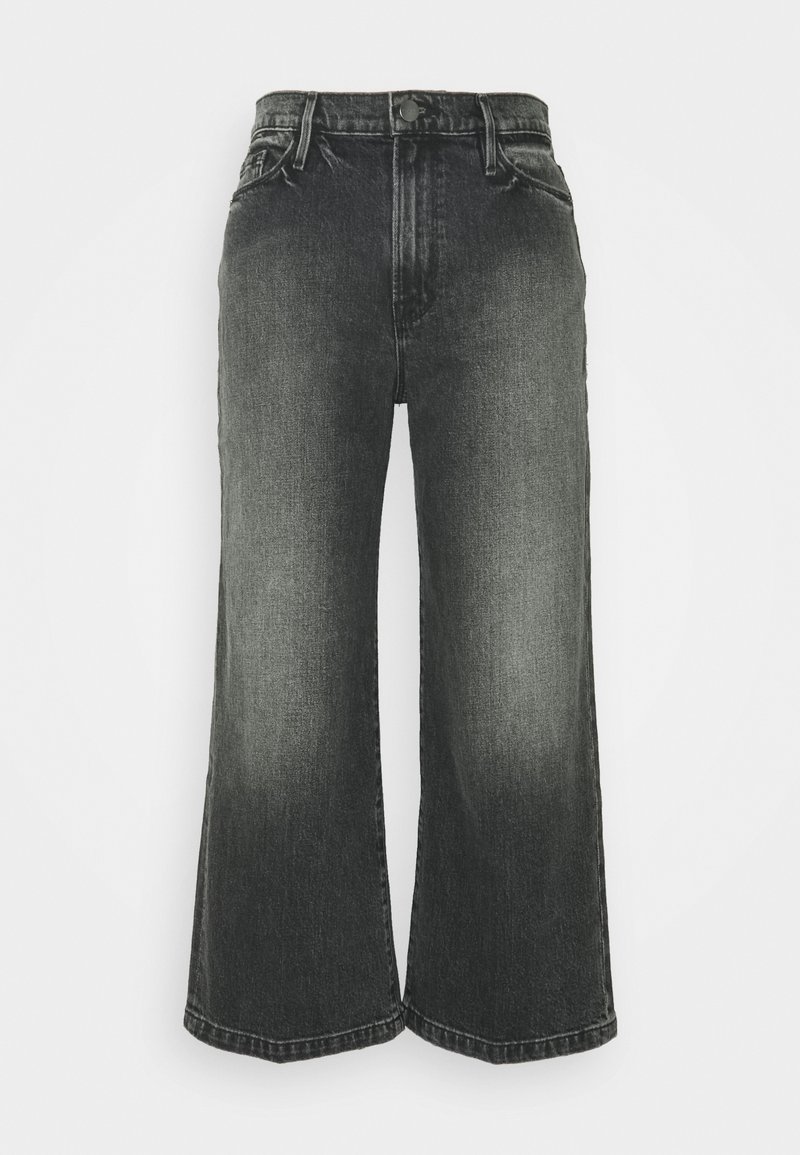 Breda svarta denimjeans med ett blekt utseende, hög midja och klassisk femficksdesign. Har en knappstängning och bältesöglor.