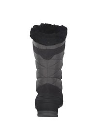 Schwarzer Winterstiefel mit einem gesteppten grauen Textil-Obermaterial, einem mit Kunstfell gefütterten Kragen und einer Gummisohle für Traktion und Langlebigkeit.