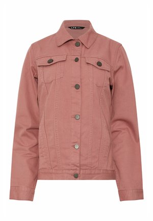 Lang mouw denimjack in stofroze met knopen aan de voorkant, twee klepzakken op de borst en een klassieke kraag.