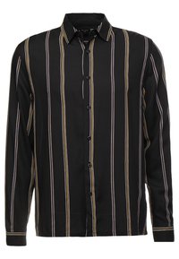 Zwart gestreepte blouse met lange mouwen, voorzien van verticale strepen in wit en goud, knoopsluiting aan de voorkant en een klassiek kraagdesign. Zachte stofstructuur.