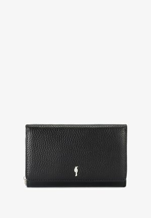 Czarny skórzany portfel z teksturowanym wykończeniem, z suwakiem w kolorze srebrnym. Projekt jest smukły i prostokątny, z zamknięciem na zamek błyskawiczny.