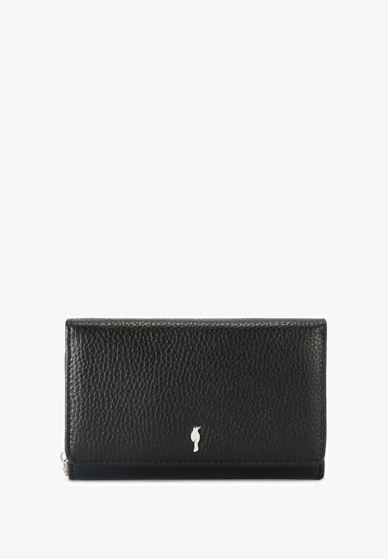 Czarny skórzany portfel z teksturowanym wykończeniem, z suwakiem w kolorze srebrnym. Projekt jest smukły i prostokątny, z zamknięciem na zamek błyskawiczny.