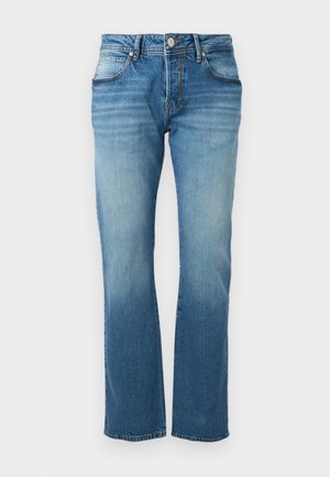 Μπλε τζιν παντελόνι με ξεβαμμένο πλύσιμο, κλασικός σχεδιασμός με πέντε τσέπες, κλείσιμο με κουμπί και φερμουάρ, ίσια γραμμή.