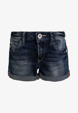 Mørkeblå denimshorts med opkrullede kanter, forreste knap, lommer og falmede vaskedetaljer.