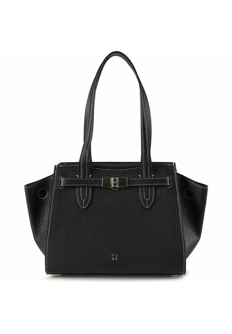 Borsa a mano in pelle nera con superficie testurizzata, doppi manici, forma rettangolare e dettaglio centrale con fibbia; cuciture bianche in evidenza.