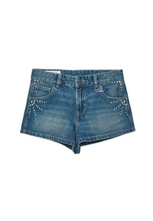 Modré rifľové šortky s prednými vreckami a striebornými cvokmi pri vreckách, so zapínaním na gombík a zips.