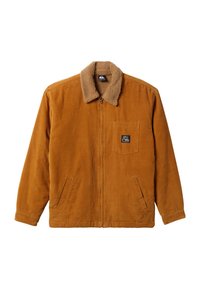 Brun kordfløjlsjakke med faux shearling-krave, frontlynlås, sidelommer og en brystlomme med en logo-patch.