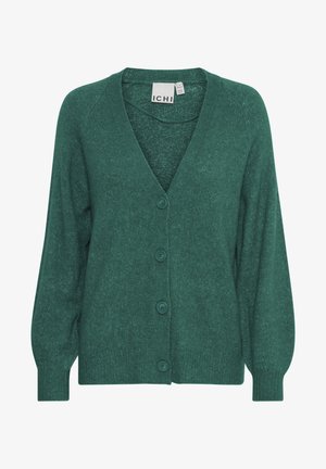 Dunkelgrüner Cardigan mit V-Ausschnitt, langen Raglanärmeln, fünf Knöpfen auf der Vorderseite, gerippten Bündchen und strukturierter Oberfläche.