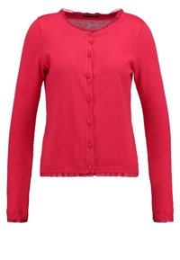 Cardigan rouge avec manches longues, encolure arrondie, fermeture boutonnée à l'avant, poignets côtelés et tissu légèrement texturé.