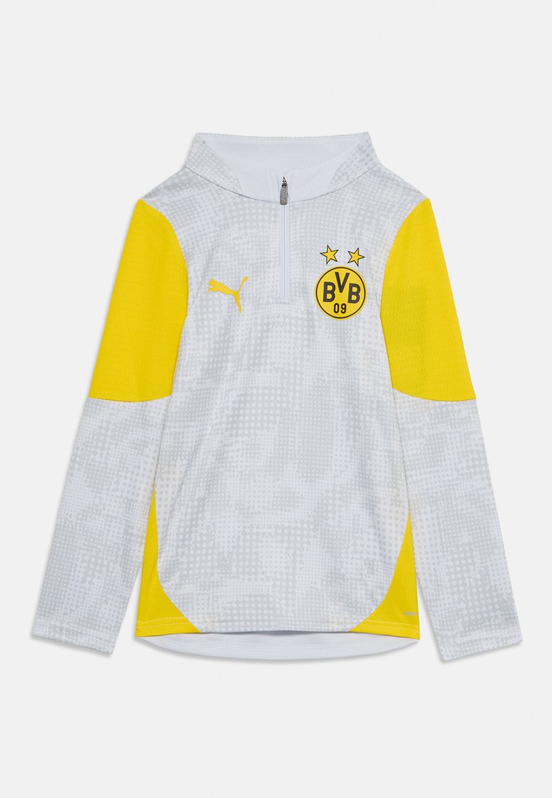 Hallide ja kollase spordipullover, millel on poolkipitav lukk, tekstuuriga muster, logo ja heledates kollastes kontrastsete varrukatega.