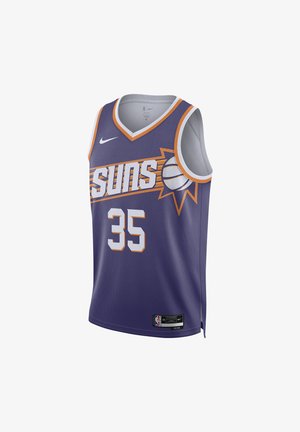 Camiseta de baloncesto morada de los Phoenix Suns con el número 35, ribetes en blanco y naranja, y logotipos de Nike y NBA.