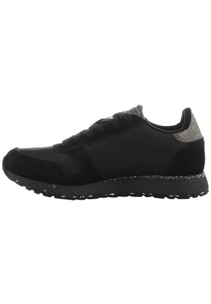 Black athletic sneaker with a mix of suede and synthetic materials, featuring a padded collar, lace-up design, and textured sole.