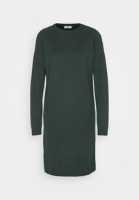 Abito lavorato a maglia verde scuro con maniche lunghe, scollo rotondo e polsini a costine. Tessuto liscio e design a lunghezza ginocchio con vestibilità morbida.