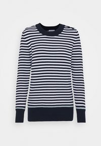 Pull rayé avec des lignes horizontales bleu marine et blanches, col rond, poignets et ourlet côtelés, avec des accents de boutons aux épaules.