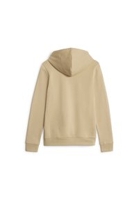 Sudadera beige con capucha de textura suave, puños acanalados y dobladillo recto. Presenta una capucha lisa y un diseño minimalista.