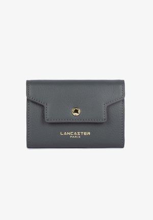 Gray leather Lancaster Paris wallet with gold snap button and logo on front flap, rectangular shape with detailed stitching.