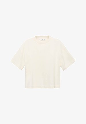 Short-sleeve, cropped t-shirt in off-white. Made of soft fabric with a rounded neckline and relaxed fit. No visible patterns or hardware details.