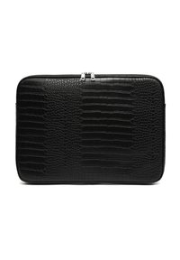 Black laptop sleeve featuring a textured crocodile pattern, rectangular shape, dual zip closure, and smooth leather finish.
