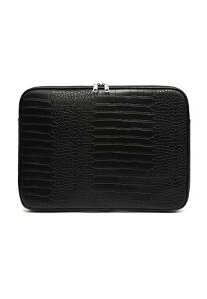 Black laptop sleeve featuring a textured crocodile pattern, rectangular shape, dual zip closure, and smooth leather finish.