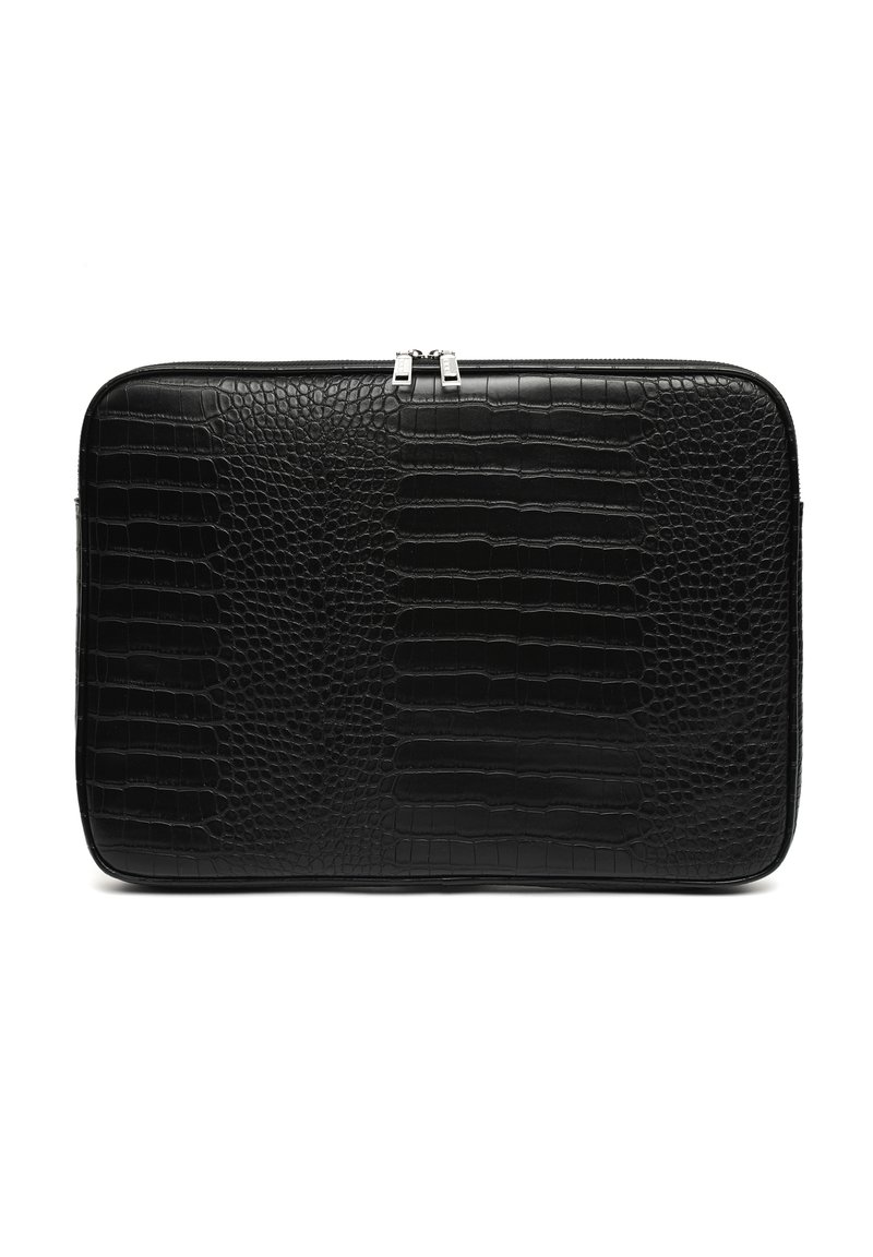 Black laptop sleeve featuring a textured crocodile pattern, rectangular shape, dual zip closure, and smooth leather finish.