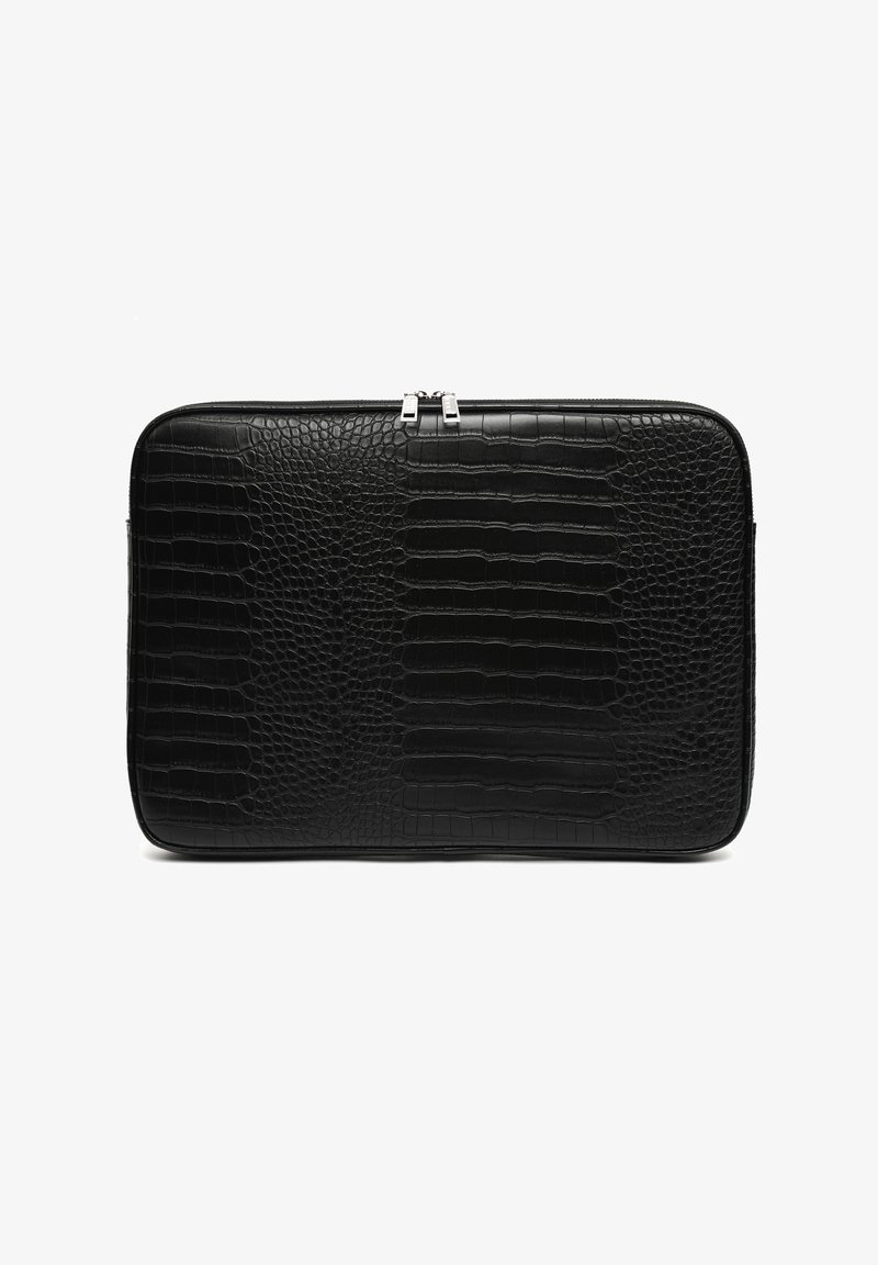 Black laptop sleeve featuring a textured crocodile pattern, rectangular shape, dual zip closure, and smooth leather finish.