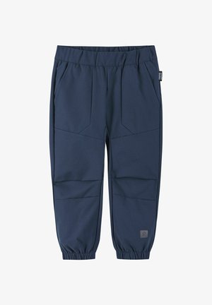 Navy blue athletic pants crafted from flexible fabric, featuring an elastic waistband, side pockets, and tapered cuffs.