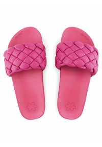 Pink slide sandals featuring a braided strap design. Made of soft material with a smooth footbed and a flower logo on the sole.