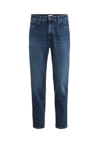 Donkerblauwe denim jeans. Voorzien van een rechte snit, een traditionele vijf-pocketontwerp en een rits met een enkele zilveren knop.