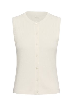 Brezrokavnik iz pletenega belega materiala z okroglim izrezom in zapenjanjem na gumbe spredaj, z nežno rebrasto teksturo.