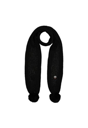 Schwarzer gestrickter Schal mit einem strukturierten Design, abgeschlossen mit zwei flauschigen Pompoms an jedem Ende und einem kleinen Logo in der Mitte.