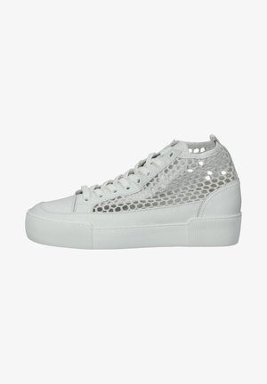 White high-top sneaker with synthetic upper featuring a mesh panel design, rubber sole, rounded toe, and flat laces.
