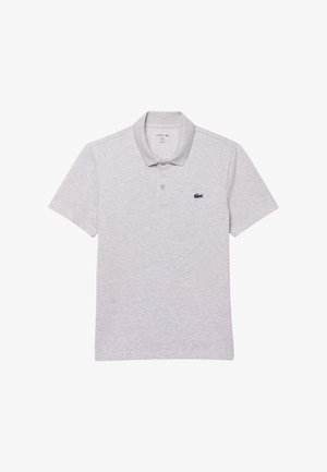 Polo shirt grigio chiaro in cotone misto, con apertura a tre bottoni e un piccolo logo blu navy sul petto sinistro. Maniche corte.