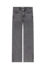 Jeans in denim grigio a gamba larga con chiusura a bottoni e zip, dotati di tasche frontali e fessure alla caviglia per un design moderno.