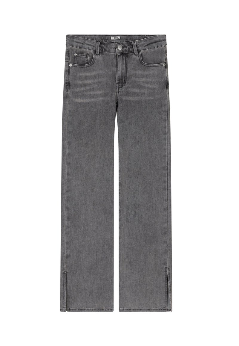 Jeans in denim grigio a gamba larga con chiusura a bottoni e zip, dotati di tasche frontali e fessure alla caviglia per un design moderno.