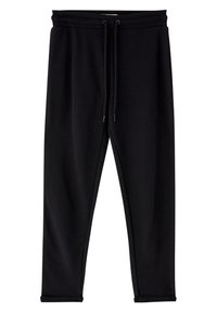 Sorte sweatpants lavet af blødt stof, med snøre i taljen, tapered ben og ribbestrikkede manchetter. Enkelt, funktionelt design.