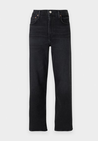 Black straight-leg jeans made of denim. Features five pockets, a button and zipper closure, and subtle stitching details.