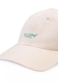 Jasno beżowa czapka z zakrzywionym daszkiem i małym niebieskim haftowanym logo wieloryba z przodu. Wykonana z materiału bawełnianego.