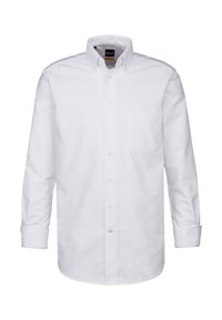 Camicia bianca a maniche lunghe con bottoni, realizzata in cotone, dotata di colletto a punta, una tasca sul petto e chiusure a bottone con orlo diritto.