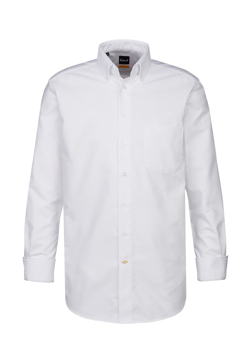 Camicia bianca a maniche lunghe con bottoni, realizzata in cotone, dotata di colletto a punta, una tasca sul petto e chiusure a bottone con orlo diritto.