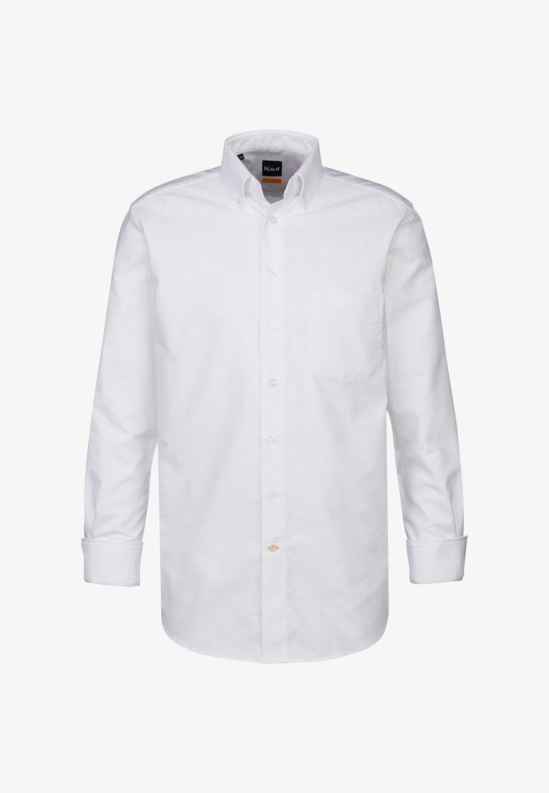 Camicia bianca a maniche lunghe con bottoni, realizzata in cotone, dotata di colletto a punta, una tasca sul petto e chiusure a bottone con orlo diritto.