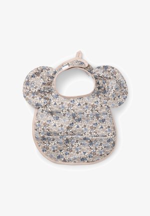 Kukkakuvioinen ruokailuliina pyöreillä korvilla, jossa beige tausta sinisillä ja ruskeilla kukilla. Rakennekangas pehmeällä pinnalla ja säädettävä kiinnitys.