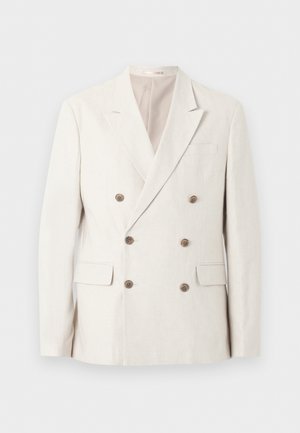 Off-white Doppelreiher-Blazer mit sechs braunen Knöpfen, aufgeschlagenem Revers, zwei aufgesetzten Taschen vorne und einer Brustleistentasche, dargestellt auf weißem Hintergrund.