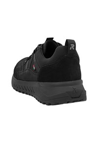Black athletic shoe with a suede and mesh upper, padded collar, thick rubber sole, and pull tab at the heel. Accents in red and gray.