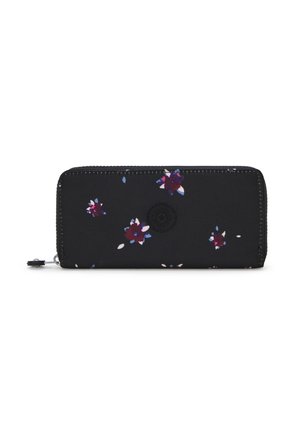Black wallet with floral pattern in maroon, blue, and white. Made of fabric with a zipper closure and embossed logo on the front.