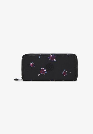 Cartera negra con patrón floral en burdeos, azul y blanco. Hecha de tela, con cierre de cremallera y logotipo en relieve en la parte frontal.