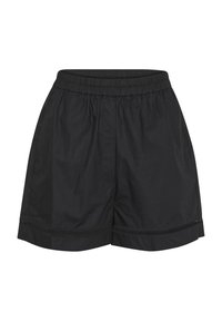 Černé šortky vyrobené z lehkého materiálu, s elastickým pasem, bočními kapsami a strukturovaným lemem se dekorativními detaily.