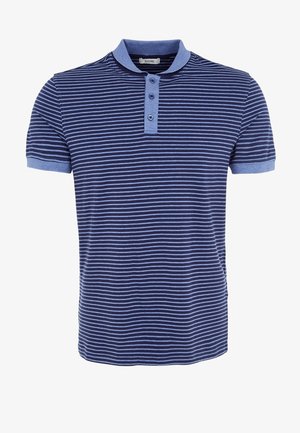 Marineblaue und hellblaue horizontal gestreifte Kurzarm-Poloshirt mit hellblauem Kragen und dreiknöpfiger Knopfleiste.