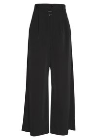 Pantalones de pierna ancha negros con cintura alta, que cuentan con un cierre de botón y dos acentos decorativos en plata. Tejido liso con un diseño a medida.