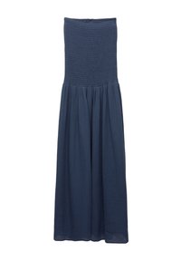 Robe maxi bleu marine avec corsage smocké et jupe fluide. Fabriquée en tissu léger, elle présente une surface texturée et un design simple.